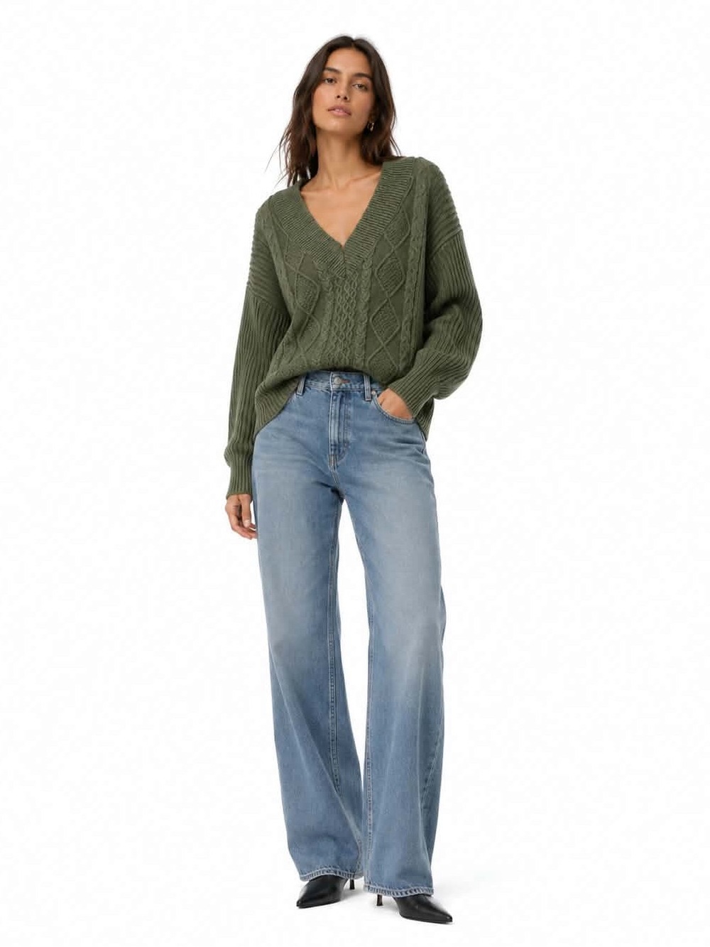 Aerie Olive Green Deep V-Neck Cable Knit Sweater – Size XL EUC